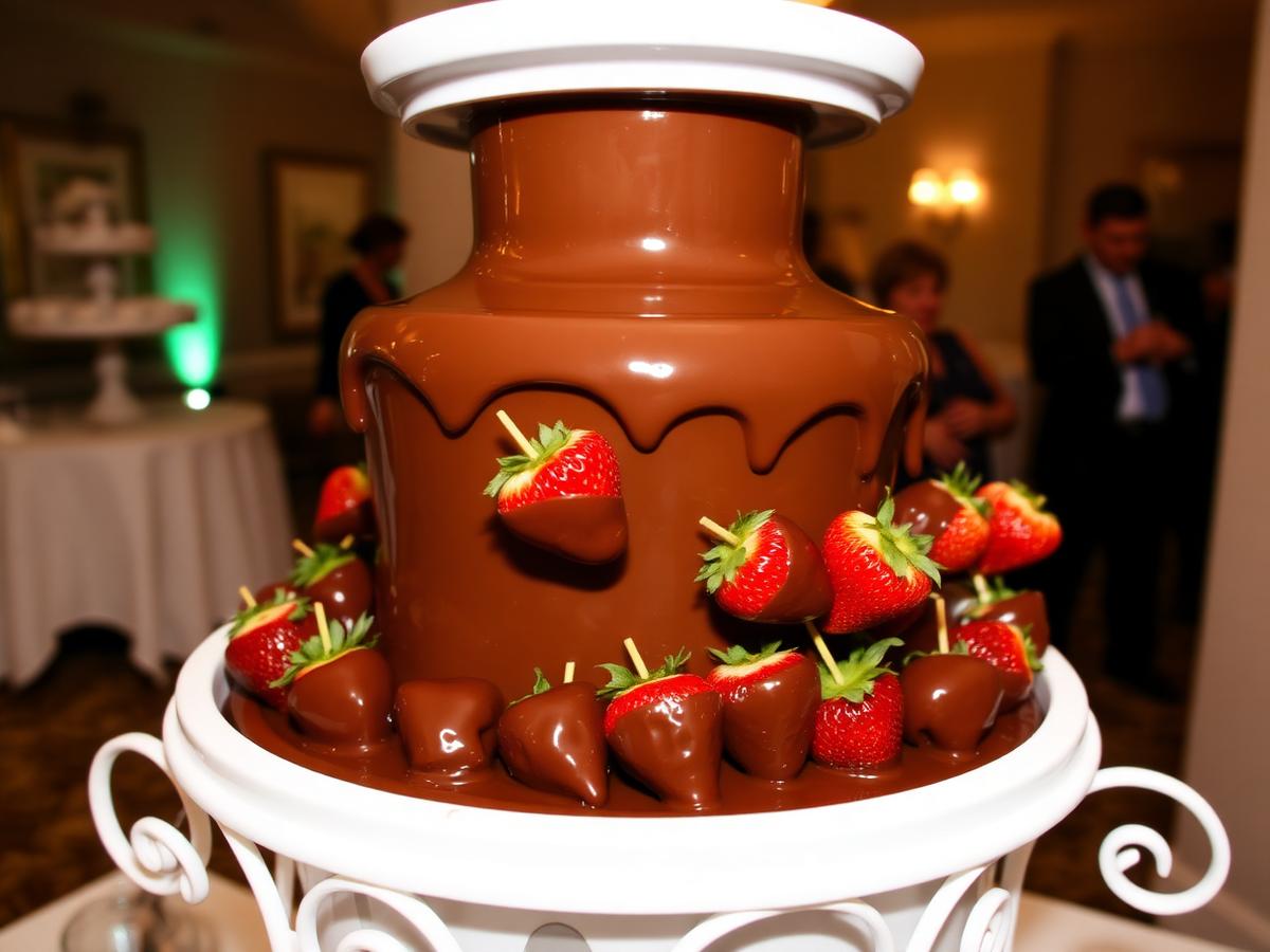 Morangos mergulhados na cascata de chocolate