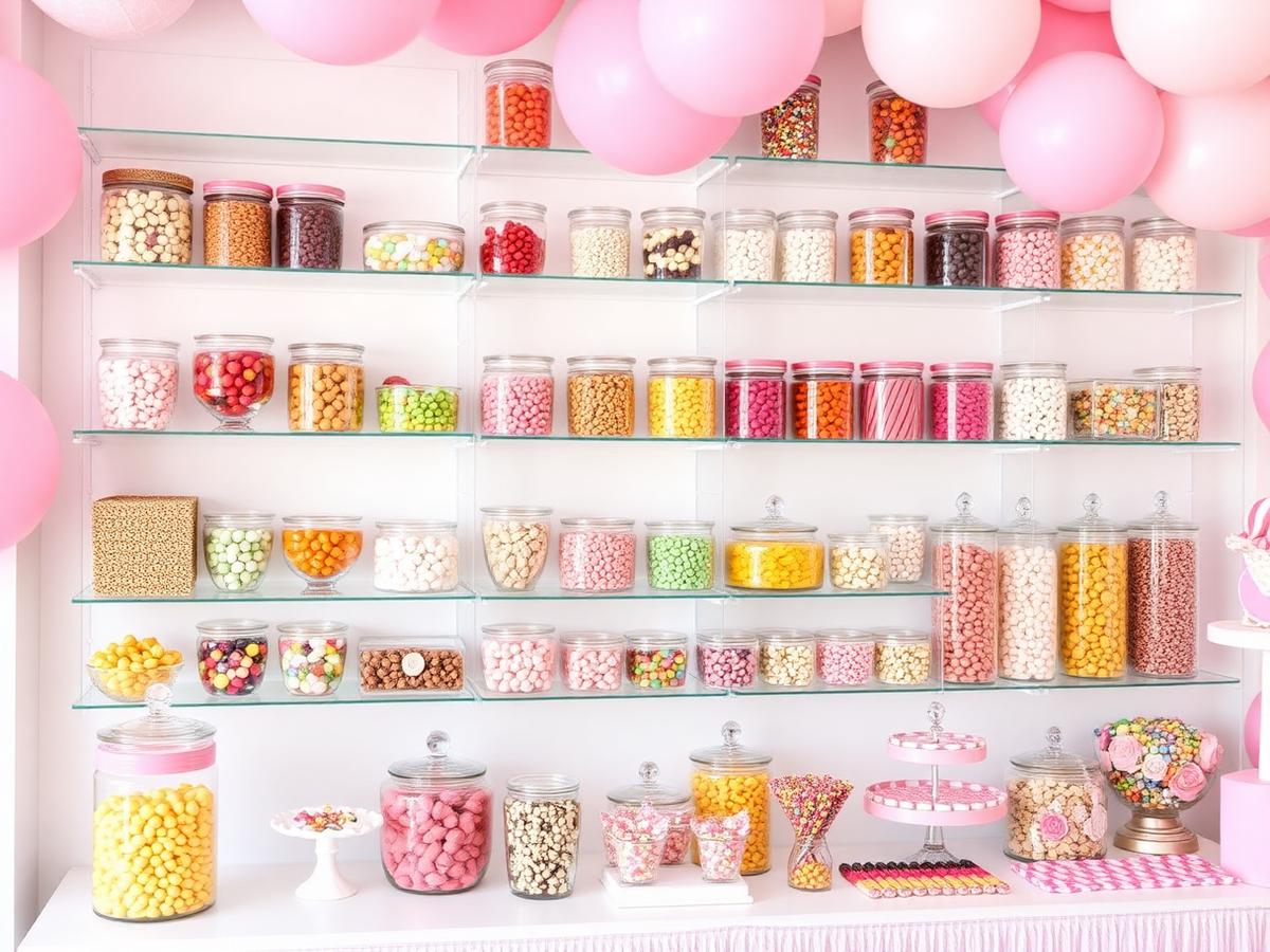 Parede de doces com potes de vidro